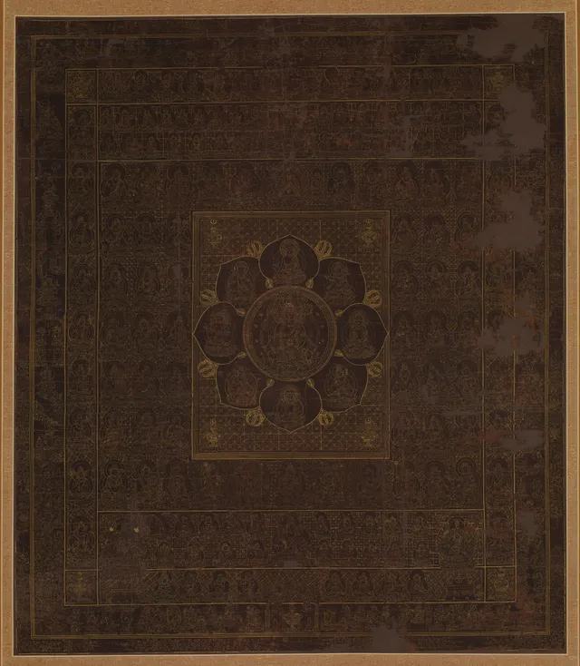 Heian–Kamakura 12th-c. hanging scroll, gold line on purple-dyed silk, 166 × 82 cm. Womb-World (Taizōkai) mandala with the eight-petalled lotus court at the centre.
