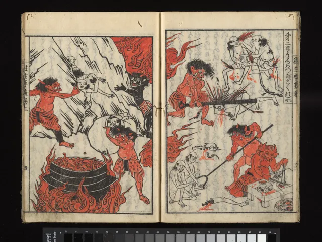Open Japanese woodblock book showing two facing pages of a black-line illustration: robed figures and architectural framing rendered in even outline, the right page printed