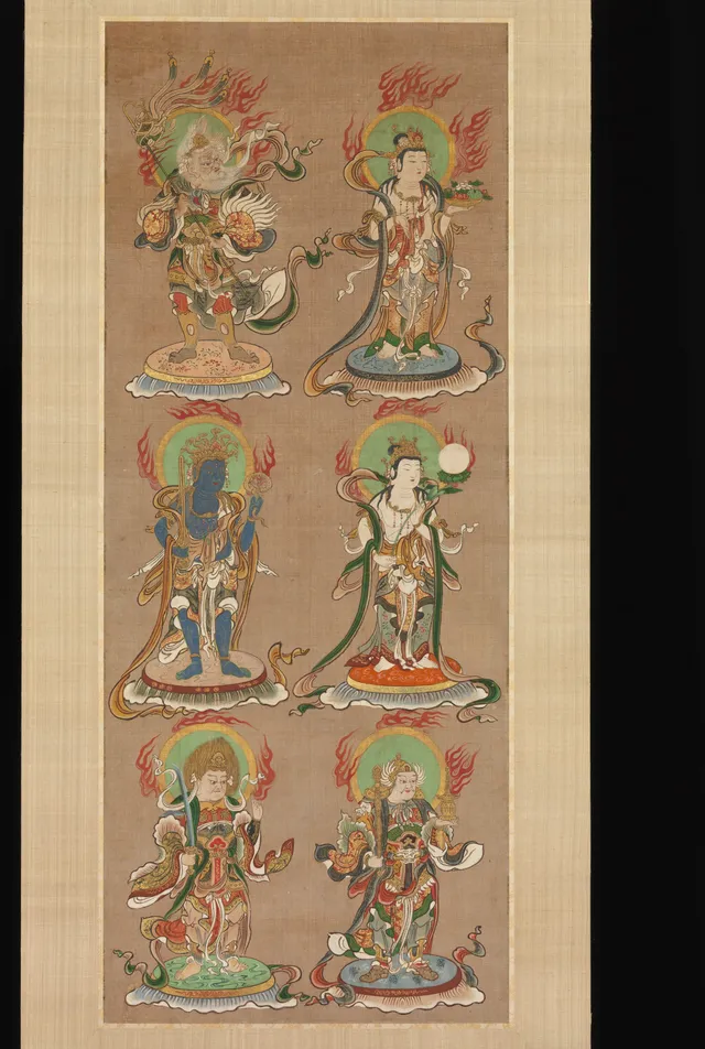 Paired silk paintings of the twelve directional devas, robed standing figures with small animal mounts and varied attributes (vajra, staff, banner, jeweled armor) drawn in ink