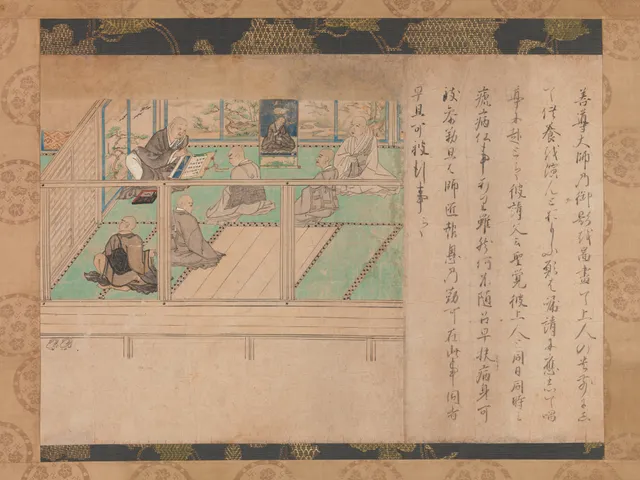 Kamakura handscroll section c. 1310–20, ink and colour on paper, 41 × 38 cm. Hōnen inscribes a portrait of himself for Shinran; master image hangs between them.