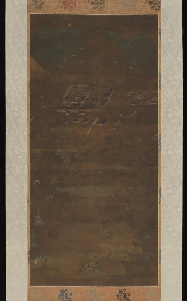 Kamakura 13th-c. Kasuga shrine mandala, ink colour and gold on silk, 90 × 42 cm. Path ascends past five shrine halls and deer; five honji Buddhas above Mt. Mikasa.