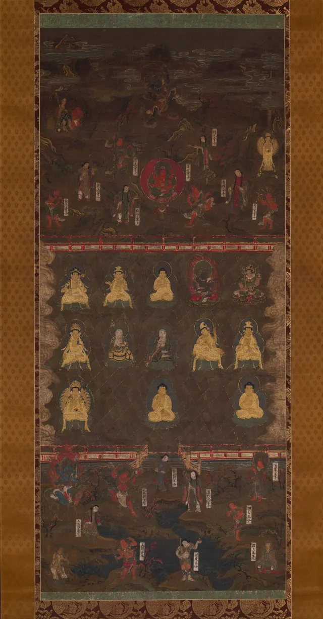 Nanbokuchō early-14th-c. hanging scroll, ink colour and gold on silk, 132 × 58 cm. Three Kumano shrines stacked vertically — Nachi, Shingū, Hongū — each with its honji Buddha.
