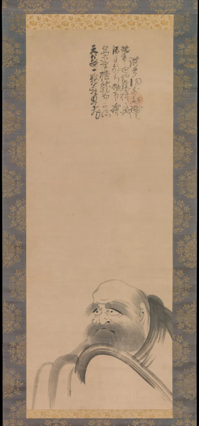 Fūgai Ekun, Momoyama–early-Edo 17th c. Hanging scroll, ink on paper, 78 × 31 cm. Half-length frontal Daruma in dry brush; the hermit-painter idiom before Hakuin.