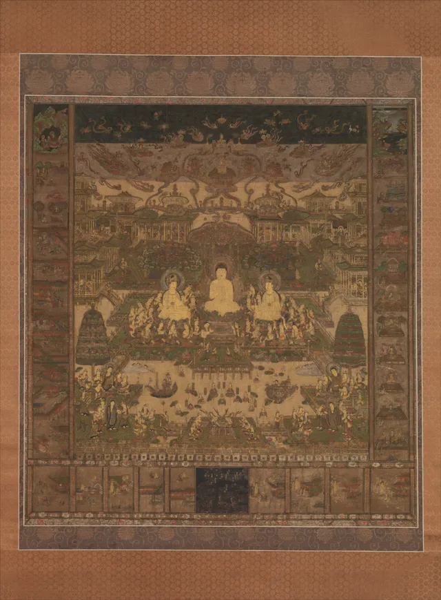 Nanbokuchō late-14th-c. Taima Mandala hanging scroll, colour and gold on silk, 133 × 122 cm. Sukhāvatī at centre; Vaidehi narrative left, contemplations right, rebirths below.