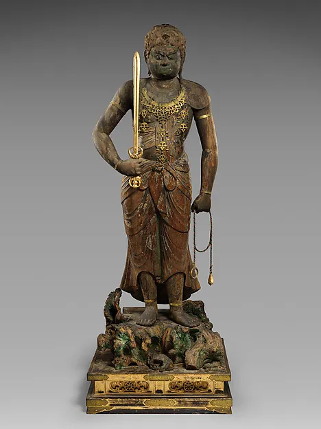 Late-Heian standing wood Fudō Myōō, 12th c., 162 cm, six-block yosegi. Wrathful face: tenchigan eyes, opposed fangs, henpatsu braid; sword and lasso.