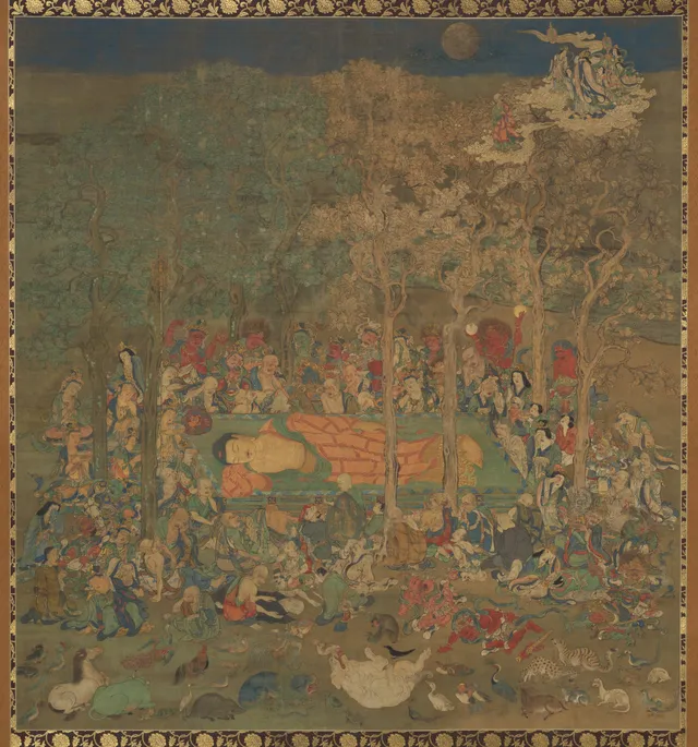 Near-square Kamakura silk nehan-zu, c. 197 × 189 cm. The reclining Buddha lies head-left on a railed couch under sala trees, ringed by mourners, Māyā on cloud at upper right.