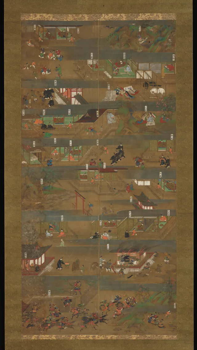 A tall Kamakura hanging scroll on silk crowded with small court-robed figures among palace buildings, hills, and a horse, episodes from Prince Shōtoku's life on one landscape.